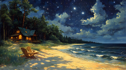 Lakeside Cabin Moonlight Nightstars Beach Scene