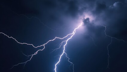 Aiseo. Powerful bright white lightning bolt striking through dark stormy blue sky with clouds, dramatic weather phenomenon image for natural disaster, energy, and storm background use