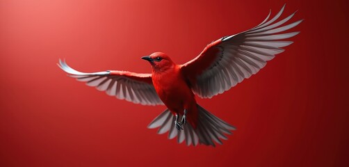 Fototapeta premium High-colored red bird flies on red background. Bright avian wild animal with expanded wings in flight. Colourful feather plumage, vibrant cardinal on clean backdrop.