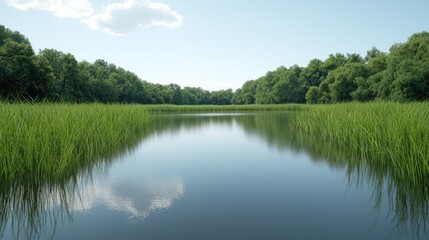 Fototapeta premium Calm lake, green reeds, summer day, forest background, nature scene