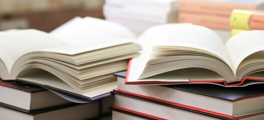 stack of books on the table. open book