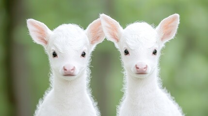 Obraz premium Two white fawn calves in a forest setting. Possible use Stock photo for nature, wildlife, baby animals, or conservation themes