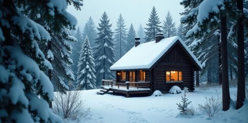 Dense forest foliage surrounds snow-capped cabin roof, cabin, trees