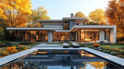 Modern autumn house with pool, forest background