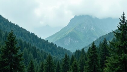 Fototapeta premium Dense forest with towering evergreen trees and misty atmosphere, rugged mountain range,, mountains, evergreen