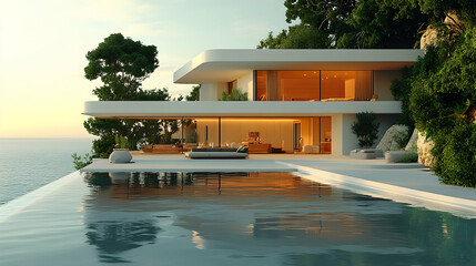 Modern Cliffside Villa with Infinity Pool at Sunset