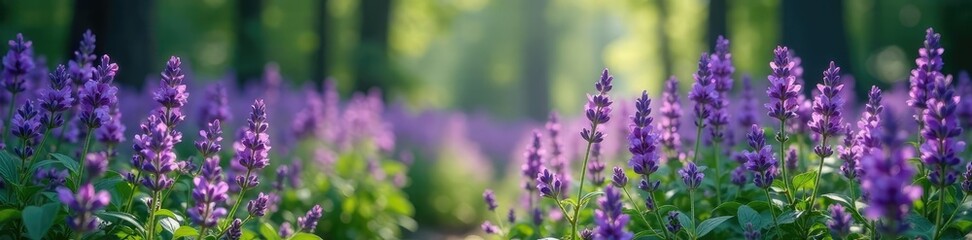 Obraz premium Dense lilac wild lavender blooms on a misty forest floor, wild lavender, wildflowers