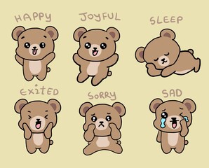 Set of Cute Kawaii Style Teddy Bears in Diverse Moods, Vector Illustrations