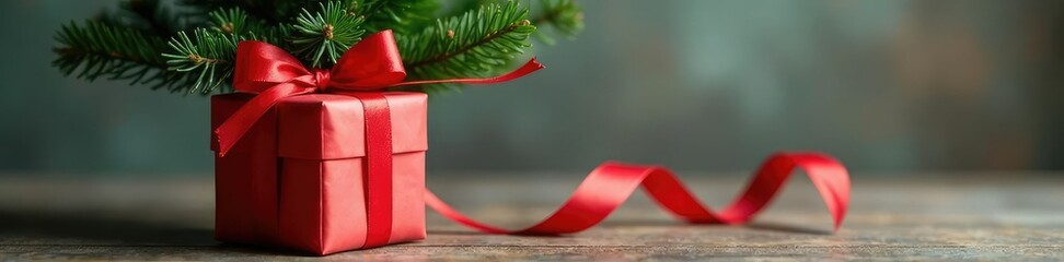 Gift with red ribbon tied around it under a small potted spruce tree, Christmas, tree, ribbon