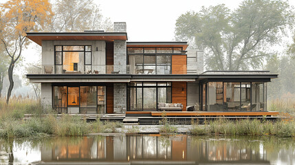 Modern lakefront house autumn landscape design