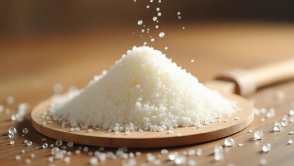 Allulose. Close-up of white salt grains on wooden spoon cooking ingred