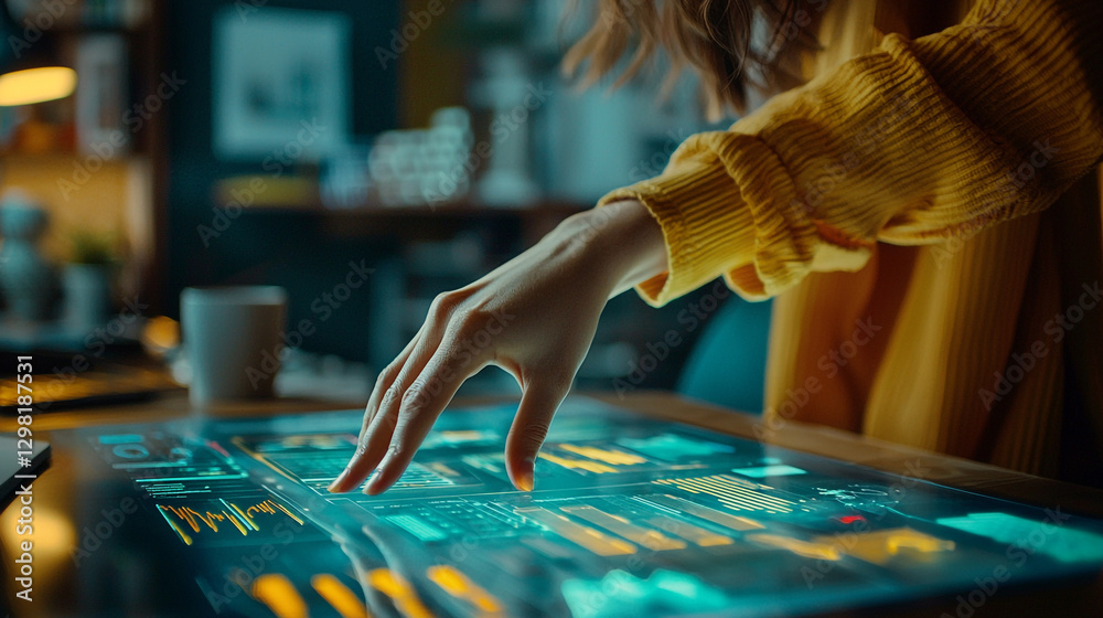 Poster woman using futuristic interactive digital touchscreen technology interface display data hand user
