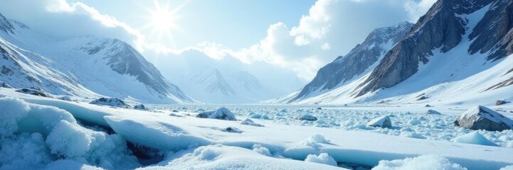 Obraz premium Glaciated stone landscape with scattered ice crystals, snow, glaciation, frozen terrain