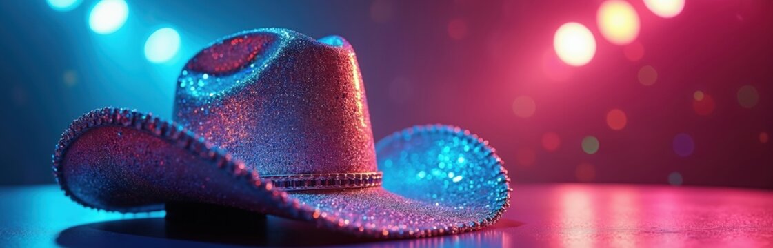 Close-up of holographic cowboy hat decorated with sparkling crystals on stage, illuminated by colorful lights. Headwear reflects party mood, night entertainment, festive celebration, disco ball, - Powered by Adobe