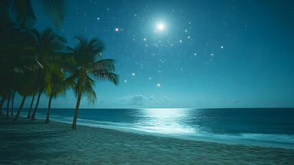 Moonlight illuminating tropical beach at night