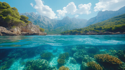 Mountains and underwater coral scenery