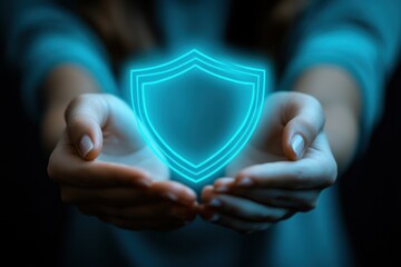 Hands Holding Digital Shield Icon Representing Security and Protection
