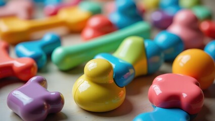 Fidget Sensory Toys. Close-up colorful rubber duck toy surrounded by various pastel puzzle pieces scattered on table, playful children's game scene for preschool education, creativity, fun and learni