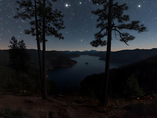 Night Lake, Starry Sky, Trees Silhouette