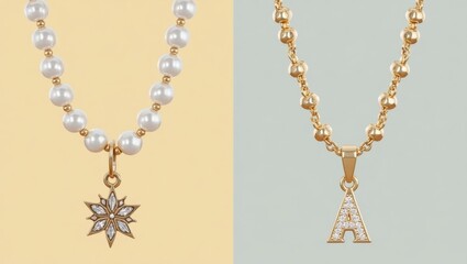 Charm Necklace. Pearl necklace with star pendant gold chain with lette
