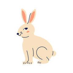 Cute hare with sly look sits sideways. Happy Easter hand drawn card. Flat illustration with partial outline. Isolated vector illustration.
