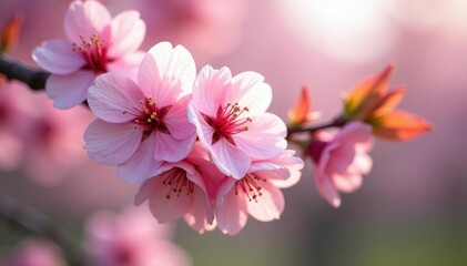 Fototapeta premium Soft pink petals unfolding on blooming cherry blossoms, nature, early spring, nature scenery