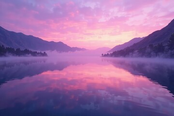 Obraz premium Soft purple mist rises from a desert lake at dawn, peaceful, water, serene