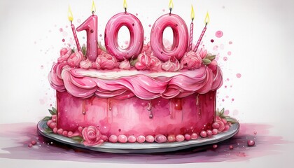 Illustration of decorated pink cake for birthday or anniversary party. Number 100, hundredth birthday celebration
