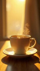 Warm golden light falls on minimalist coffee cup, light, morning