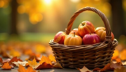 Warm light shines through the lattice of a wooden basket filled with apples and gourds, soft focus, outdoorsy, autumn