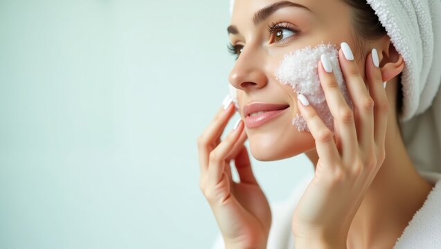 Double Cleanse. Woman is applying her face with lot of white cream