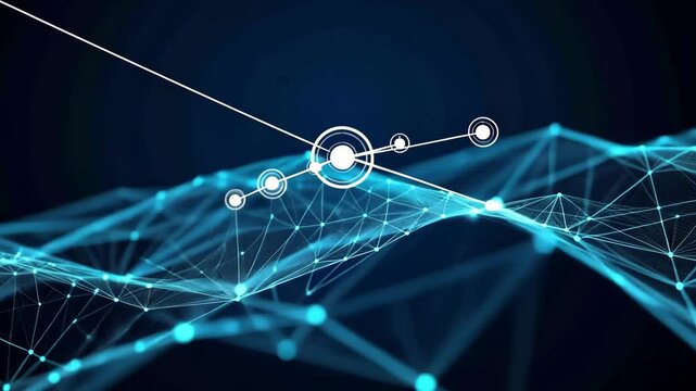 Blue digital network with interconnected nodes on a wave background, depicting futuristic technology design