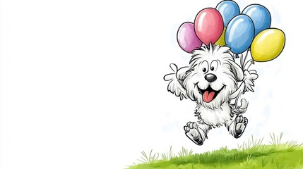 Naklejka premium Playful Cartoon Dog with Colorful Balloons in a Grassy Field