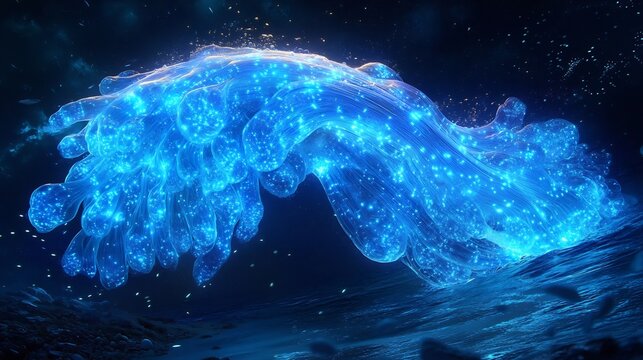 Glowing Pyrosome colony drifting in the ocean its massive translucent tube pulsing with bioluminescent blue light tiny creatures working together in harmony