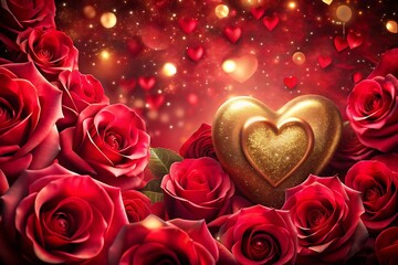 Gold heart is surrounded by red roses
