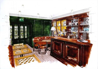 Fototapeta premium Hand drawn colour concept sketch for an interior.