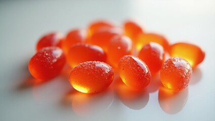 Magnesium Gummies. Bright orange vitamin capsules with glossy smooth surface scattered on white reflective background, health supplement concept for wellness, medical, fitness, or nutrition themes wi
