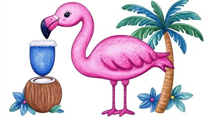 Tropical Flamingo with Coconut and Palm Tree in Colorful Illustration