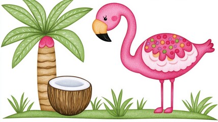 Obraz premium Whimsical Pink Flamingo with Tropical Tree and Coconut Artwork