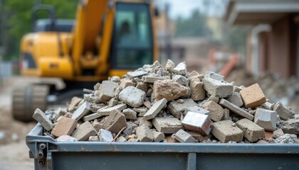 Pile of shattered construction waste after building demolition. Bricks rubble debris in container. Collection service handles disposal material. Excavator in background. Construction site after work,