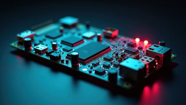 Mister Fpga. Close-up of electronic circuit board with microchips glowing red and blue lights, technology innovation concept for tech blogs, presentations, futuristic background, modern hardware desi