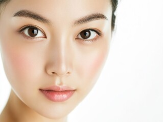 Fototapeta premium Elegant Asian woman with delicate skin and natural makeup, gazing at the camera, close-up portrait emphasizing skin tone and facial features, perfect for skincare advertising.