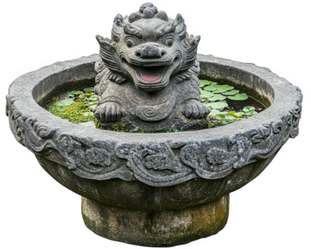 decorative stone fountain featuring lion like creature, surrounded by water and lily pads, adds charm to any garden or outdoor space