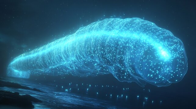 Glowing Pyrosome colony drifting in the ocean its massive translucent tube pulsing with bioluminescent blue light tiny creatures working together in harmony