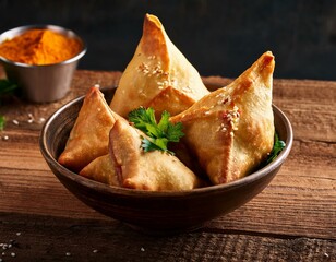Samsa or samosas with meat and vegetables in bowl on wooden table