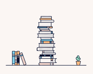 A stack of books in various colors and sizes, neatly arranged on a bookshelf