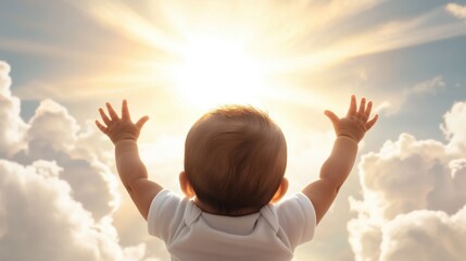 Serene Baby Taking Steps toward Bright Light in Beautiful Cloudy Sky Background