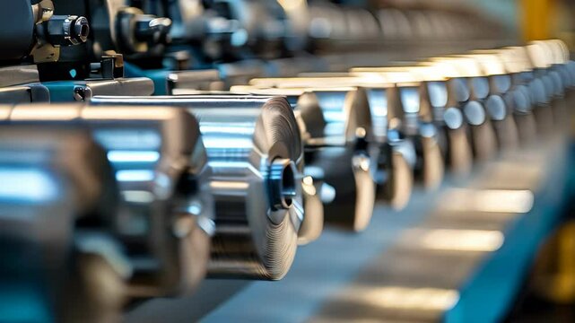 A row of aluminum rolls is arranged in the production area of the plant