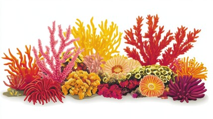 Vibrant Coral Reef Collection. Diverse underwater marine life with colorful corals and sea anemones on white background.