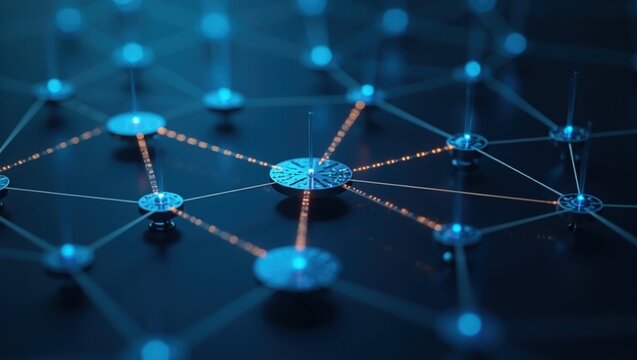 Mesh Networking. Blue lines are connected to dots and dots on black surface